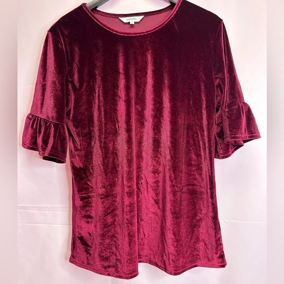 AMARYLLIS | Wine Velvet Ruffle-Accent Short-Sleeve Top (Size: Medium) - Picture 6 of 12